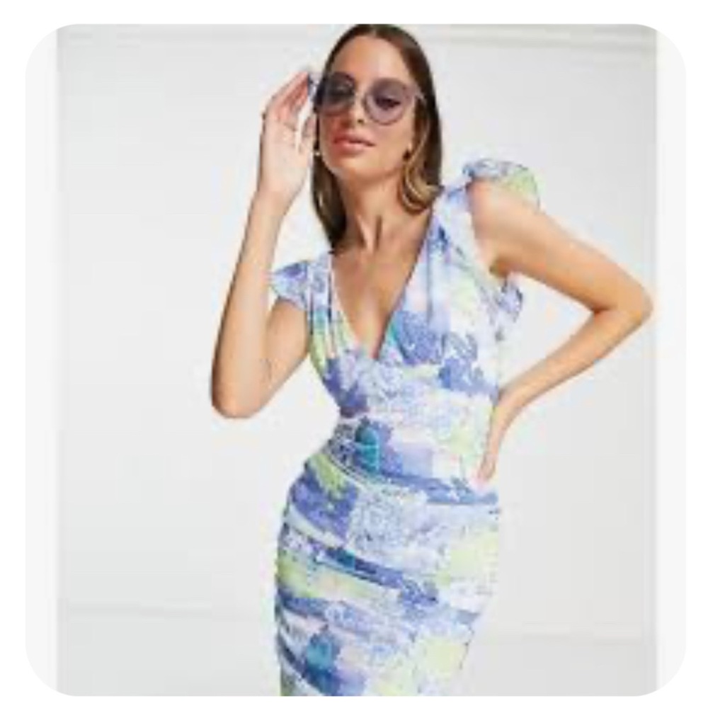 NWT ASOS Design V Neck Frill Sleeves Bodycon Back Ruching Blu/Grn/Wht Sz 6 Tall‎